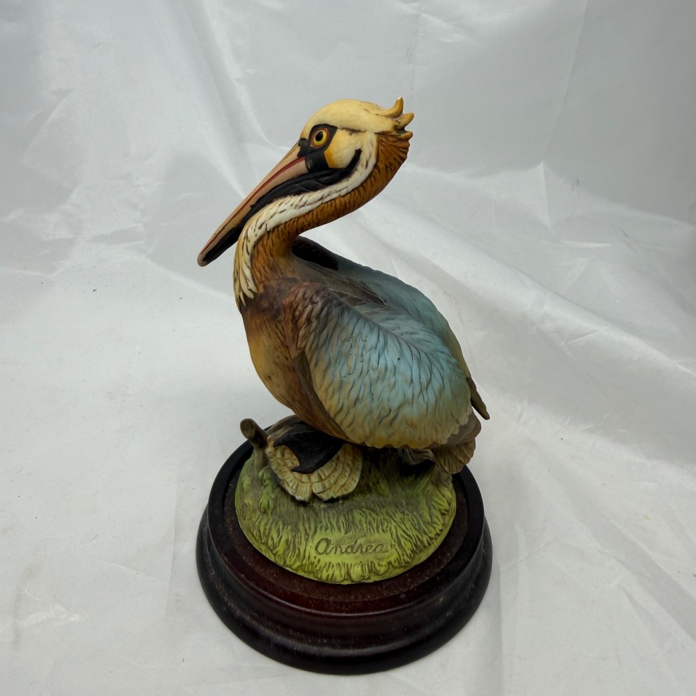 Andrea by Sadek Brown Pelican Porcelain Figurine 6721 Wood Base Japan Vintage